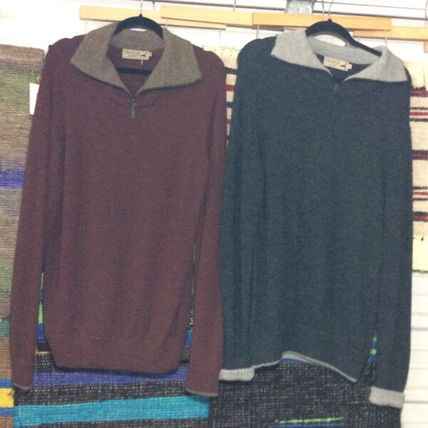 mens alpaca sweater gray burgundy hanging