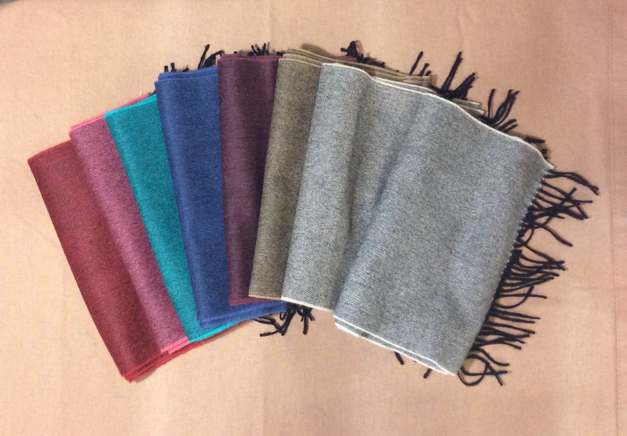 alpaca herringbone scarf pink, blue, stone, gray, purple