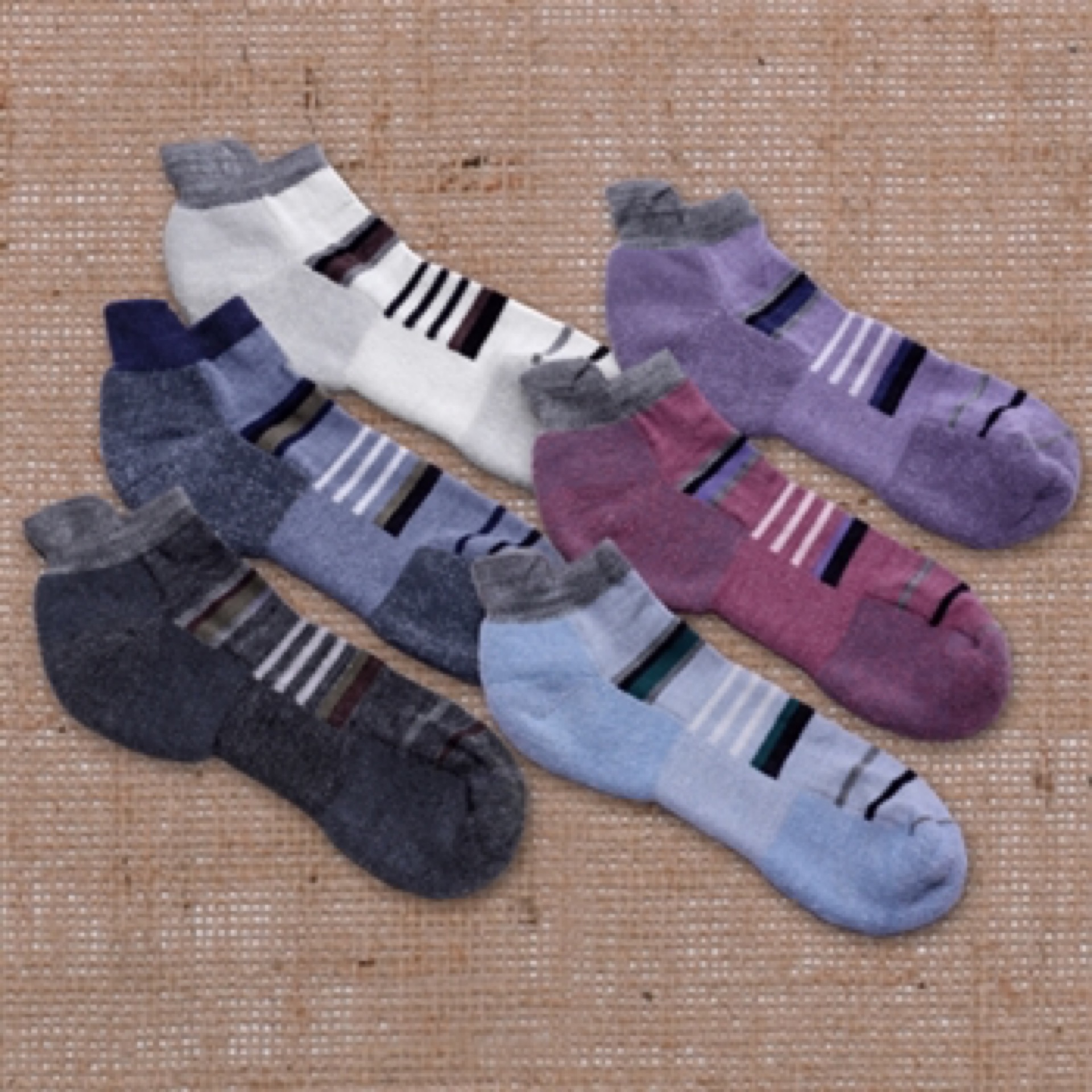 alpaca and bamboo low active sock in purple, gray, blue, pink, white and black