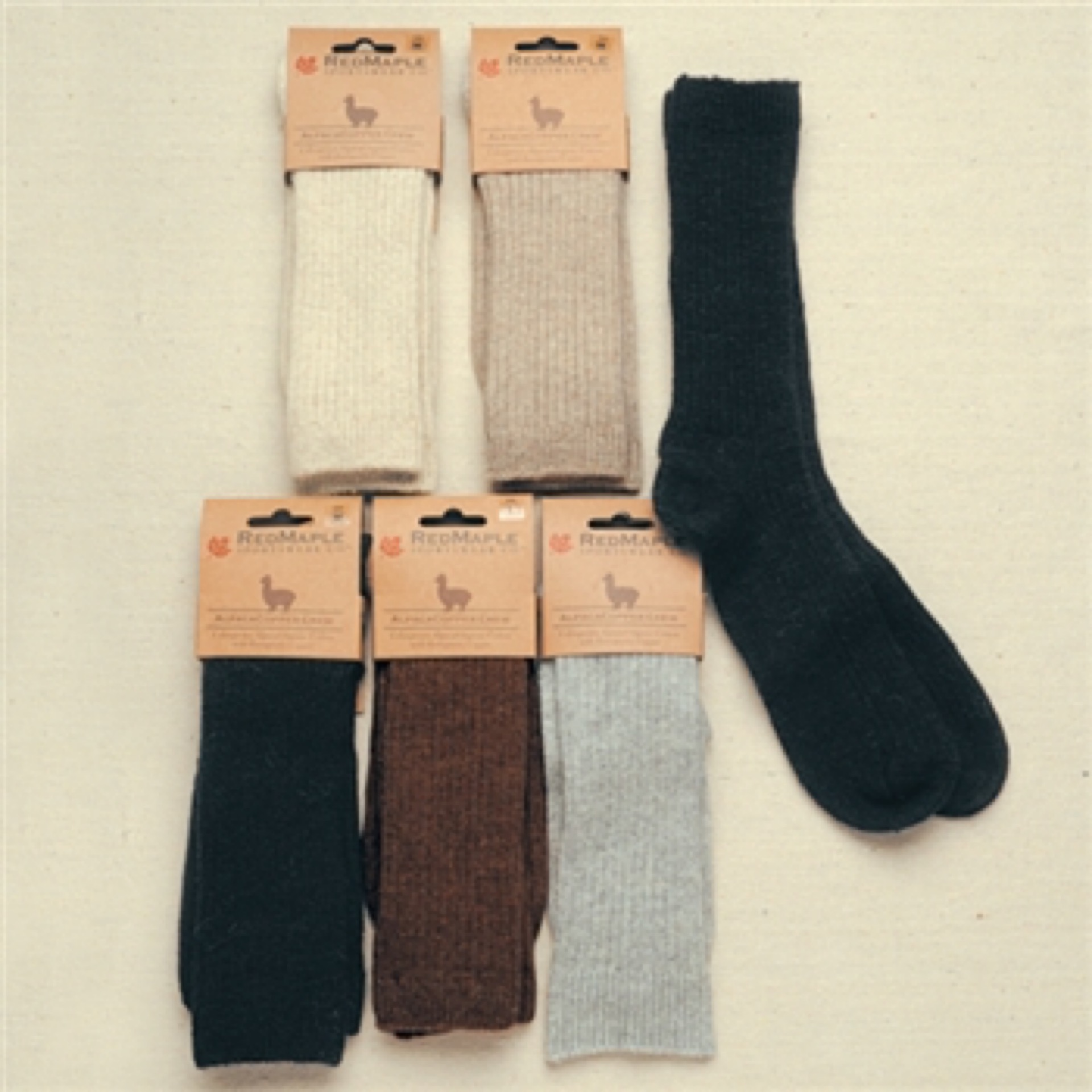 alpaca crew sock brown, gray, black, white, tan and gray