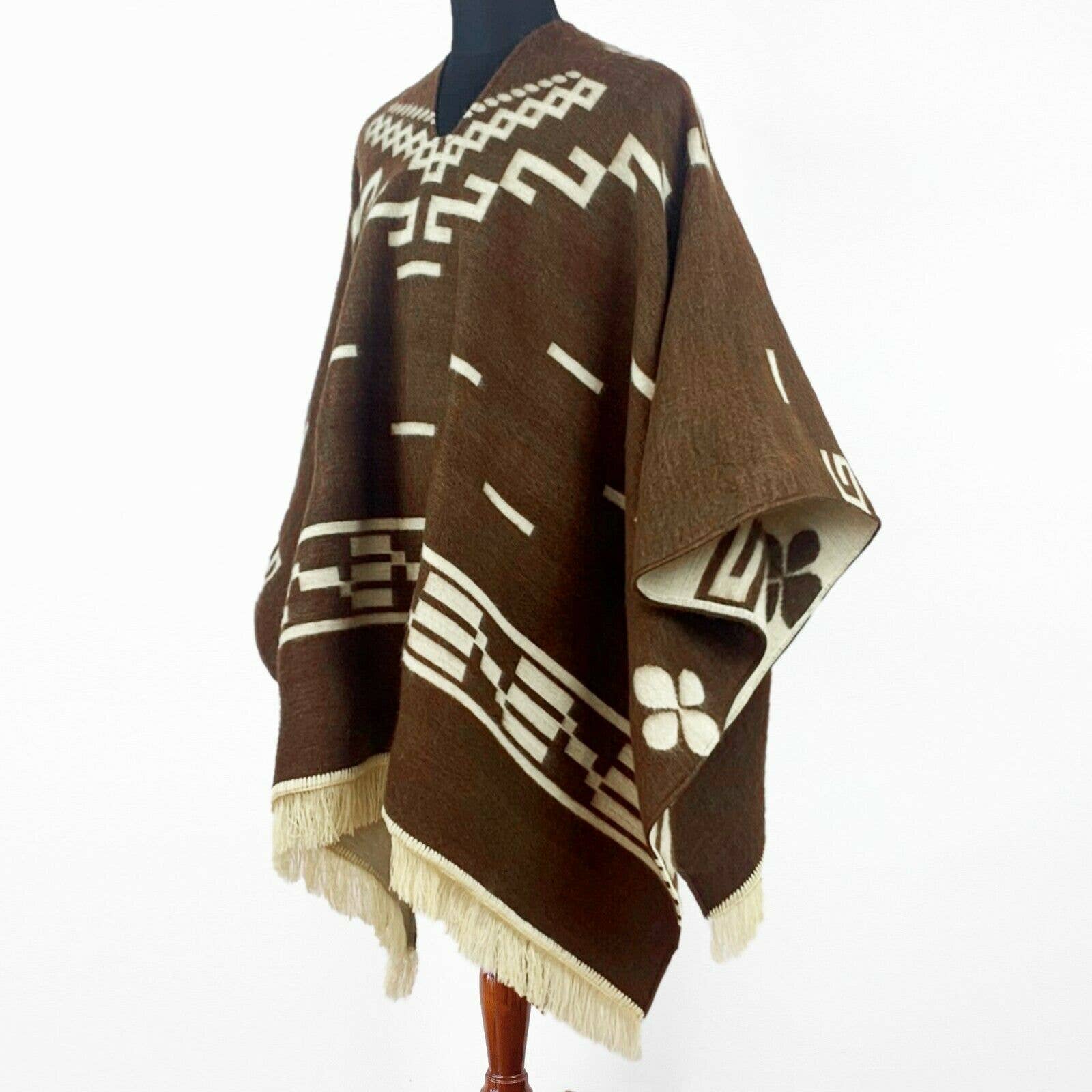 Brown patterned alpaca poncho with fringe